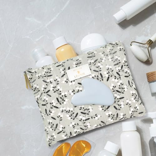 Pochette de Toilette Femme - Trousse Cosmetique, Maquillage Format Voyage - 21x17 - Jute Imprimé et Fermeture Éclair - Pochette Femme Maquillage, Grande Capacité - Sac en Tissu Produit de Beauté