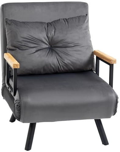 HOMCOM Sofá Cama de 1 Plaza Sofá Cama Plegable Tapizado en Terciopelo con Respaldo Ajustable de 5 Niveles y Almohada Acolchada para Oficina Dormitorio Salón 63x73x81 cm Gris