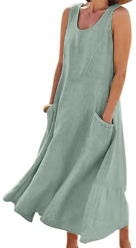 ROFUSSO Sommerkleid Damen Leinen Baumwolle Kleid Ärmellos Lose Maxikleid Casual Rundhals Strandkleid Elegant Boho Tankkleid mit Taschen