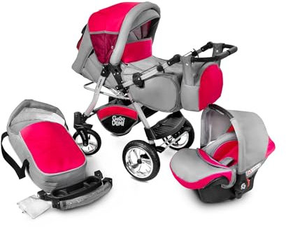 GaGaDumi Urbano Kinderwagen 3 in 1 Komplettset Mit Autositz - TÜV-Geprüfter Kombikinderwagen Mit Voll-Gummireifen - Rot/Grau