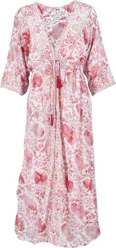 Kimonokleid, seidig glänzender Boho Kimono, Sommerkleid, rosa/weiß