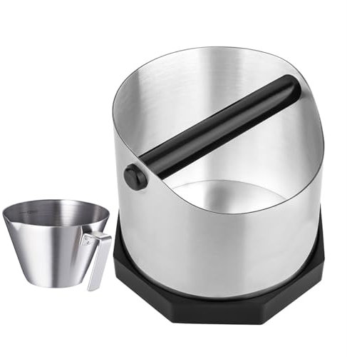 Gocoffun Coffee Knock Box, Large Capacity Espresso Knock Box with Non-Slip Base, Coffee Measuring Cup,Coffee Puck Knock Box Stainless Steel for Espresso Machine Coffee Grounds (Silver)