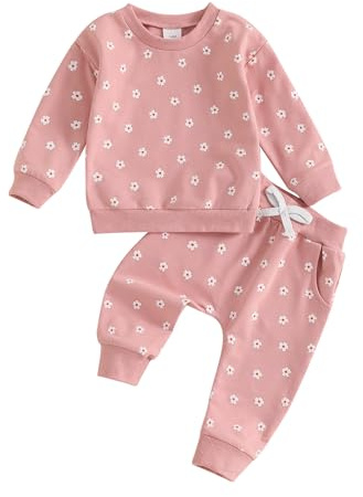 Toddler Infant Baby Girl Fall Winter Outfit Clothes 0-5 Years Long Sleeve Sweatshirt Flower Daisy Pullover Tops + Elastic Waist Trousers Pants With Pockets Tracksuit Sets (Pink Dark, 18-24 Months)