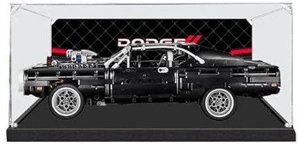 HCAEIOFJ Transparente Acryl-Vitrine für Lego Technic 42111, anwendbar für La Dodge Charger de Dom entworfene Displaybox, Geschenk (nur Vitrine) (schwarze Unterseite + Hintergrund 2)