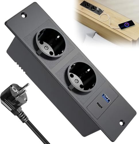 GOEDCH Enchufe Empotrable Mesa: 2 Vías Regleta Empotrable con 1 USB-A y 1 Type-C PD20W, Toma de Empotrar de Sobremesa con Cable de 1,5m, Toma de Corriente Integradade para Superficies de Trabajo