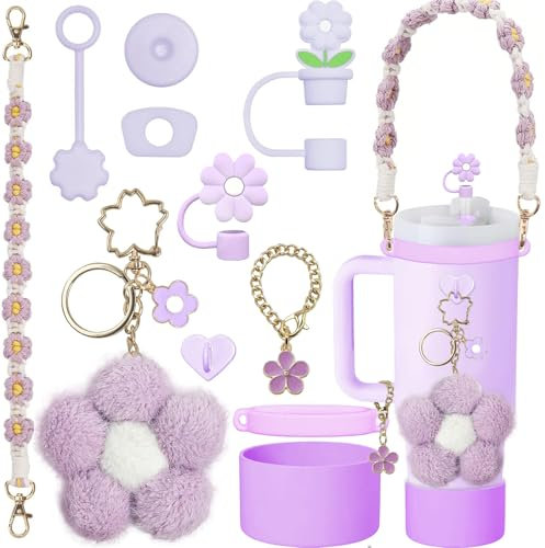 Stanley Cup Accessories Set, 11PCS Decor Includes Bracelet, Lid Ring, Sleeve, Straw Cover, Pendant, Anti-Spill Stopper, Heart Base for 40oz&30oz Stanley, Purple