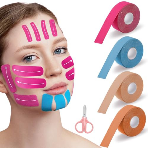 HENGBIRD 4 cintas faciales para levantar la cara, 2,5 cm x 5 m, antiarrugas, para la cara, arrugas faciales, para reafirmar la piel (tono de piel, naranja, rosa, azul claro)