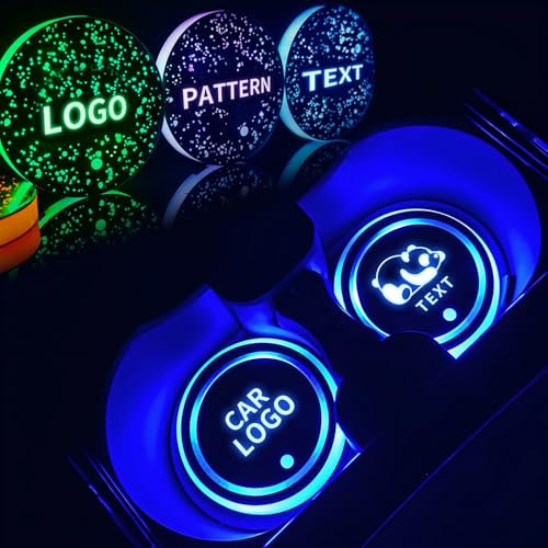 2 Pcs Custom Led Cup Holder Lights with Car Logo, Led Cup Holder Lights for Car 7 Colors/3 Modes, Light Up Car Coasters Custom Patterns, Automatic Sensing Led Car Coasters USB Charging