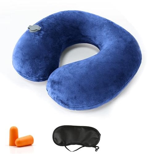 Kzouenzu Cuscino Cervicale Da Viaggio, Cuscino Gonfiabile Da Viaggio Collo, Supporto Per La Testa, Inclusa Maschera Per Dormir, Tappi Auricolari, Borsa Per Trasporto [Blu Navy]