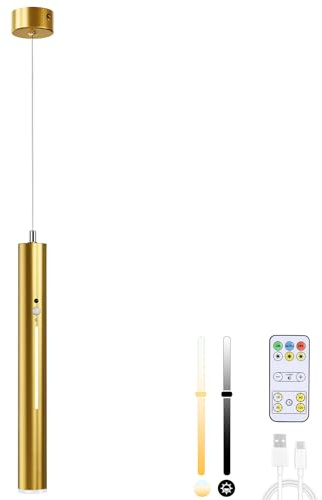 Lightsjoy Hängelampe mit Batterie 5000mAh LED Dimmbar Fernbedienung Golden | Pendelleuchte Akku aufladbar, mit Bewegungsmelder, Hängeleuchte ohne Strom, Hängeleuchte für Esstisch Schlafzimmer Wohnzimmer