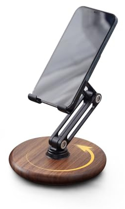 RENMTURE Phone Desk Stand, Adjustable Foldable Cell Phone Stand with 360° Rotation for iPhone 16 15 14 13 Pro ipad, Mobile Phones & Tablets Stable, Ergonomic Holder for Home Office, Walnut Wood Base