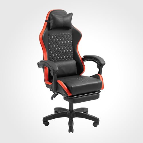 Mars Gaming MGC-X, Silla Gaming Ergonómica, Cuero Sintético, Respaldo Reclinable y Altura Regulable, Reposabrazos Dinámico, Cojín Cervical y Lumbar, Silla de Oficina con Reposapiés Extensible, Rojo