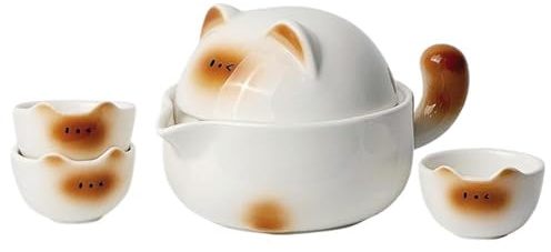 Set da tè in porcellana, set di teiera giapponese con gatto fortunato, teiera a forma di gatto e 3 tazze da tè, per adulti, amanti del tè, donne e uomini (bianco)