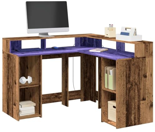 KTHLBRH LED-Schreibtisch aus Holz in Antik-Technik, LED-Schreibtisch mit Stauraum und Regalen, Arbeitstisch und organisiertes Spiel, 130 x 130 x 91 cm