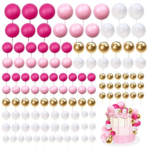 Tortendeko Kugeln Cake Topper, 108 Stück Kuchen Dekoration Kugel, DIY Mini Ballon Cupcake Einsatz Tortendeko Kugel für Hochzeit Geburtstag Torte Dekorieren(Rosenrot, Pink, Weiß, Gold)
