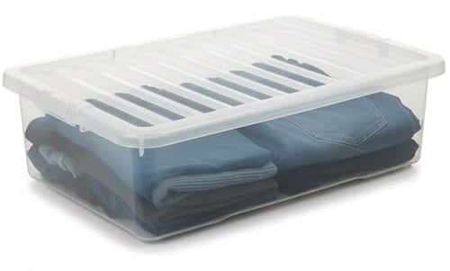 SIDSONS - Clear Under Bed Storage Box - Heavy Duty Transparent Durable Plastic Rolling Underbed Container for Clothes, Blankets, Shoes, Toys - Space Saving Bedroom Organizer with Secure Lid (1, 32L)