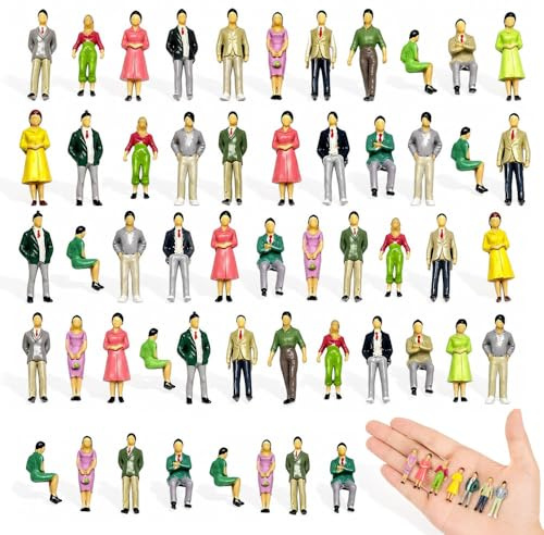 XPJBKC 60 Stück Mini Figuren Menschen Museum, Kleine Figuren Menschen, Bemalte Modell F-iguren 1:50, Kunststoff Miniatur M-enschen H-36mm, Stehende und Sitzende Menschenfiguren für Modelleisenbahn