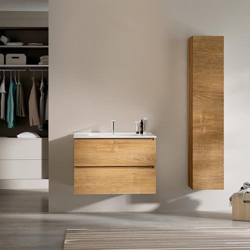 Feel Your Bath Mueble de Baño PANTER 80 cm Marrón Madera, Encimera Cerámica Integrada con Lavabo, 2 Cajones Soft Close, Diseño Suspendido, Buen Almacenaje, Fácil Instalación y Acabado Moderno