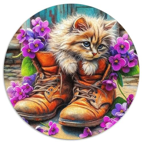 Gattino Soffice Puzzle 1000 Pezzi Puzzle Rotondo in Carta per Adulti Stivali Vintage con Viole Relax Decorazione Casa Difficile