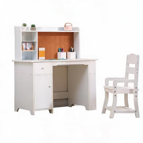 IDEALHOUSE Kinder Schreibtisch- & Stuhlset aus Holz mit Bücherregal & Pinnwand – Lerntisch mit Stauraum (Ablage, Schrank, Schublade), für 3–8 Jahre, Farbe: Weiß