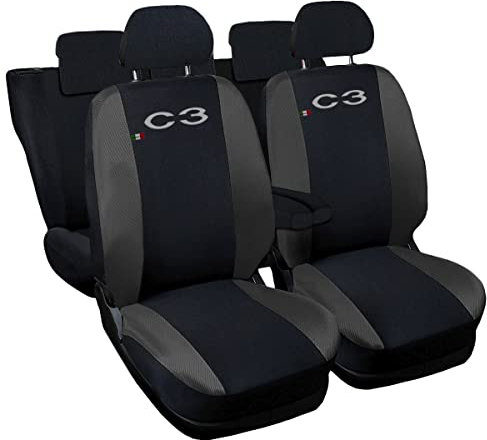 Lupex Shop Autositzbezüge kompatibel mit C3, Made in Italy, Polyestergewebe, kompletter Satz Vorder- und Rücksitze (Schwarz - Dunkelgrau)