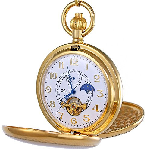 Ogle Vintage-Kupfer-Taschenuhr mit doppelter Abdeckung, Tourbillon-System, Mondphasenanzeige, mit Kette, selbstaufziehend, automatische mechanische Taschenuhr