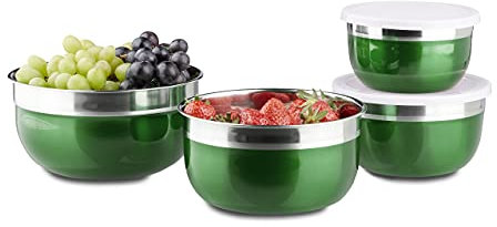 Relaxdays Boles con Tapa, Set de 4, Acero INOX y Plástico, Verde, Diferentes Tamaños, 18.4x18.4x9 cm, 4