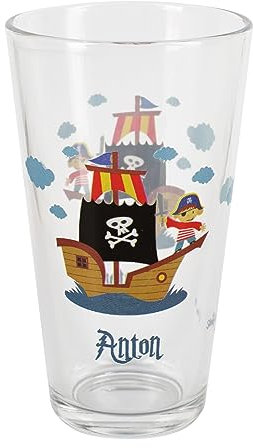 Stirefchen® Trinkglas für Kinder mit Namen personalisiert, Motivauswahl, 300 ml (Piratenschiff)