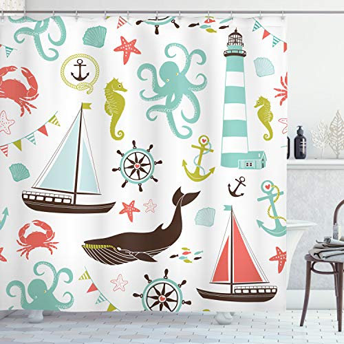 ABAKUHAUS Nautisch Duschvorhang, Pastell Marine Elemente, mit 12 Ringe Set Stielvoll Modern, 175x200 cm, Meeresschaum Korallenrot