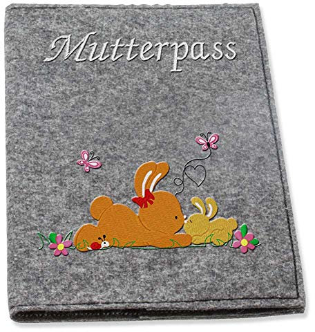 Mutterpass-hülle Wollfilz bestickt ★ Motiv Mama + Baby Hase ★ Filzfarbwahl hellgrau grau dunkelgrau ★ Handarbeit ★ passend für den deutschen Mutterpass ★ (grau)