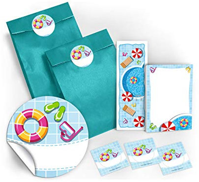 Mitgebsel Schwimmbad Gastgeschenke für Kindergeburtstag 12 Geschenktüten/Petrol + 12 Aufkleber + 12 Lesezeichen + 12 Mini-Notizblöcke Giveaways für Kinder Mädchen Junge Geburtstag Party-Zubehör