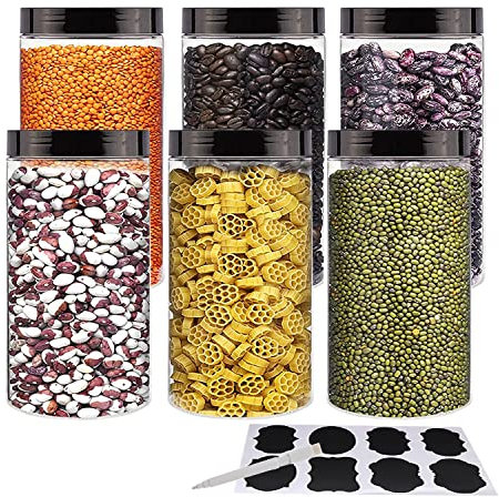 YBCPACK 6 Pack 1000ml Large Wide-Mouth Clear Plastic Storage Jars with Lids & Rewritable Chalk Labels - BPA Free, Food Safe PET Containers for Kitchen & Pantry Organisation