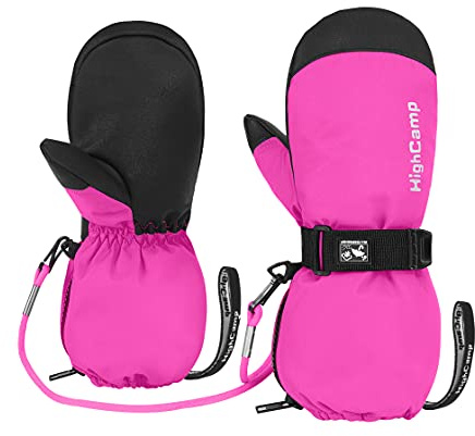 HIGHCAMP Guanti da sci per bambini impermeabili invernali con cerniera e cordino sul polsino lungo per bambini e ragazze, rosa, M (6-8 anni)