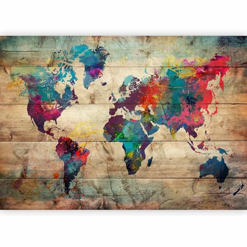 murando - Papier peint panoramique Carte du monde 350x256 cm - Revêtement mural décoration salon - Design moderne - Beige blanc gris rouge - Bois coloré continents carte monde fond k-C-0109-a-a
