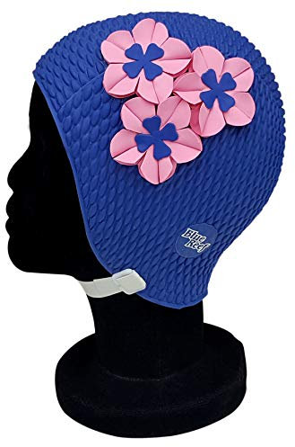 Blue Reef Tokyo Bubble - Gorro de natación para mujer, diseño floral, 3 flores, 2 colores, diseño de pétalos 3D, talla única, para adultos, con correa ajustable (azul/rosa)