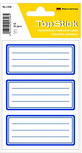 TopStick 1346 Buchetiketten zum Beschriften neutral blauer Rand, 15 Stück, 76 x 35 mm, selbstklebend, liniert, Buchaufkleber für Schule Kinder Mädchen Jungen, blanko Heftetiketten Aufkleber, weiß