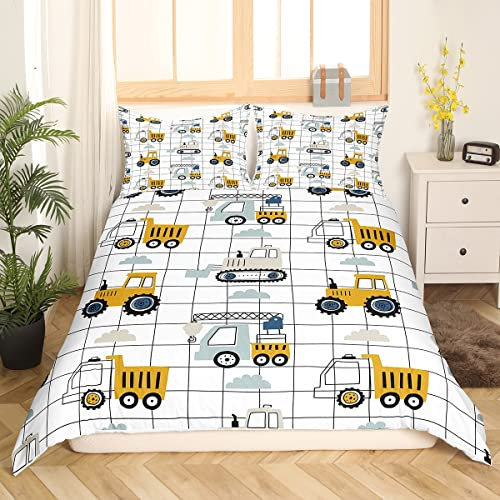 Kawaii Bettbezug 155 x 220 Kinder Cartoon Muldenkipper Bettbezug Set Gitterkran Traktor Bettwäsche Set für Kleinkinder Jungen Bulldozer großes Rad Auto Bett Set Baufahrzeug Büffel Plaid Dekor