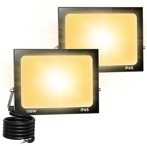 Royana 2x 100W LED Strahler Außen, Superhell Aussenstrahler 10000LM LED Baustrahler, IP66 Wasserdicht LED Flutlicht Außenleuchte 3000K Warmweiß LED Scheinwerfer für Garage, Garten, Sportplatz