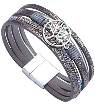 KunBead Jewelry Family Tree of Life Leather Wrap Bracelets for Women Handmade Braided Boho Multilayer Magnetic Buckle Bracelet Wristband Cuff Bangle Birthday Gifts