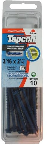 10 Pack 3/16 x 2-1/4 Hex Head Concrete Screws, with Drill Bit