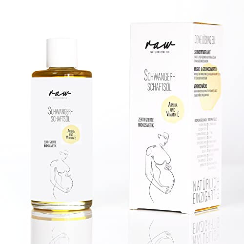 raw Kosmetik, Bio Schwangerschaftsöl Arnika, zertifizierte Bio Kosmetik als Körperöl zur wirksamen Vermeidung von Dehnungsstreifen mit Arnika, zertifiziert klimaneutral
