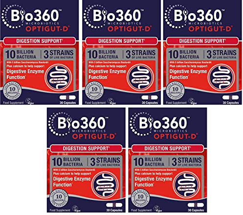 Natures Aid Bio360 OptiGUT-D (10 Billion Bacteria), Digestion Support, 30 Capsules (Pack of 5) | High Strength Vegan Digestive Gut Health Support, For Adults & Kids, Gluten-Free, Non-GMO