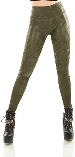 TA Fashion Damen Leggings Leggins Wet Look Leder Kunstleder Optik Thermo Hose Camouflage Reptil Muster (as3, Alpha, l, x_l, Regular, Regular, Camouflage-Grün-230)