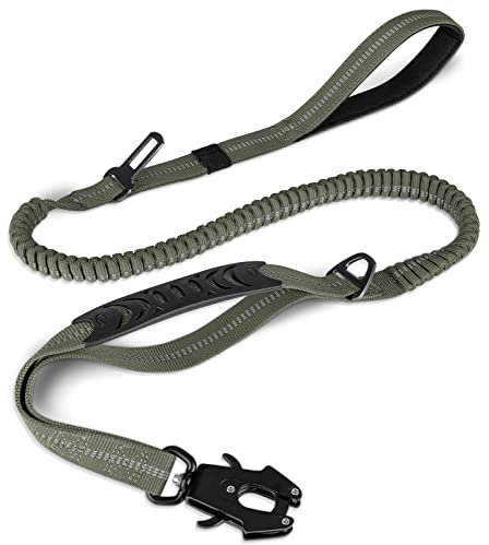 Joytale Taktische Hundeleine, 1.2m-1.8m Bungee Hundeleine Reflektierend mit 2 Gepolsterten Griffen, Autosicherheitsgurt, Leine Hund ohne Zugkraft für Mittelgroße, Große, X-Große Hunde, Armee Grün