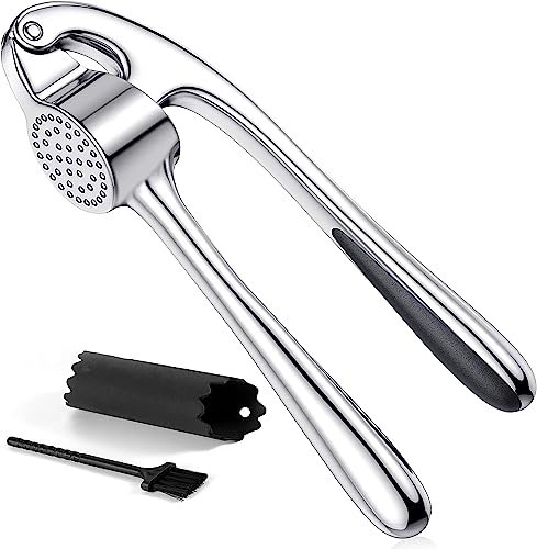 Hochwertige Knoblauchpresse aus Edelstahl, verbessern Sie Ihr kulinarisches Erlebnis mit unserem Knoblauchzerkleinerer, Zerkleinerer und Schäler, spülmaschinenfest und rostbeständig (Silber)