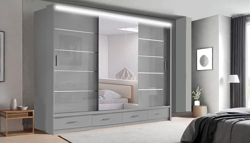 Track-D Spacious Mirror Wardrobe with Sliding Doors & LED Light – Sleek & Functional (Grey, 256cm)