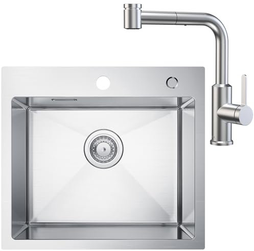 CECIPA 50x45cm Evier Cuisine 1 Bac en Inox avec Robinet Cuisine Douchette Évier Argenté avec Mitigeur Extractible Argenté