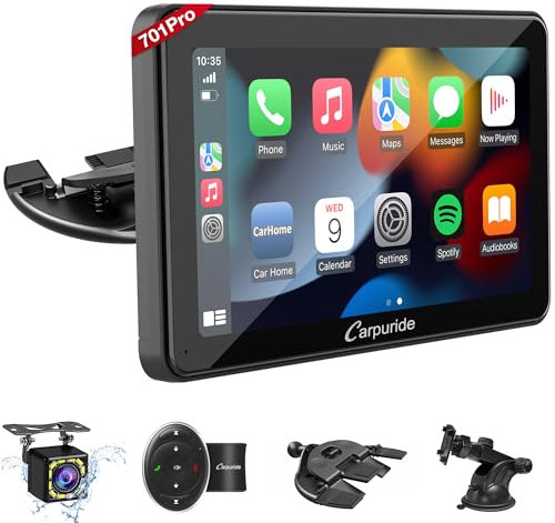 Carpuride w701 Pro con Trasmissione Bluetooth, Autoradio Portatile Carplay e Android Auto, Touch Screen 1080P da 7 Pollici, Mirror Link/GPS/Siri, con Telecamera Posteriore e Comandi al Volante