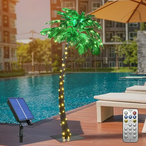 Solar Lighted Palm Tree 7FT Artificial Palm Tree Decor for Outdoor 152 LED Light up Fake Tree for Indoor Outside Patio Hawaiian Tiki Bar Decoration