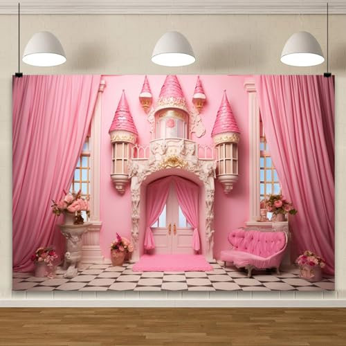 YongFoto Rosa Prinzessinnen-Schloss, Hintergrund, Sofa, Blumen, Vasen, Vorhang, Tür, Zimmer, Innenfotografie, Hintergrund, Mädchen, Baby, Kinder, Geburtstag, Hochzeit, Babyparty, Party, Banner,